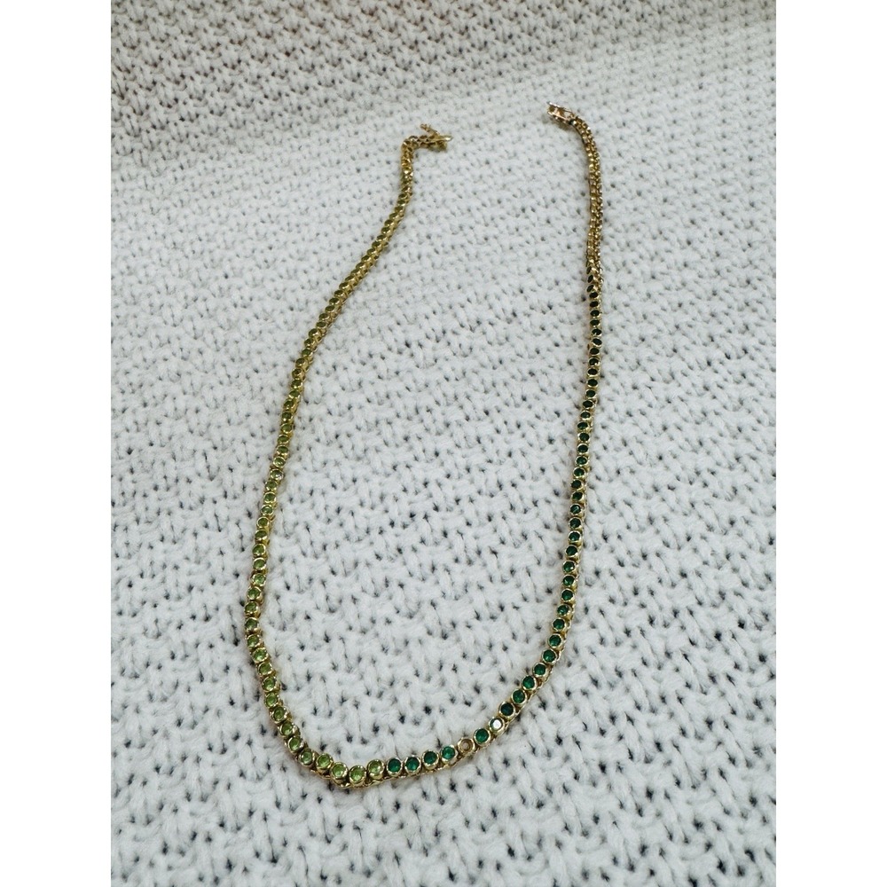 925 Sterling Silver Green Crystal Tennis Necklace Gold Tone 16"